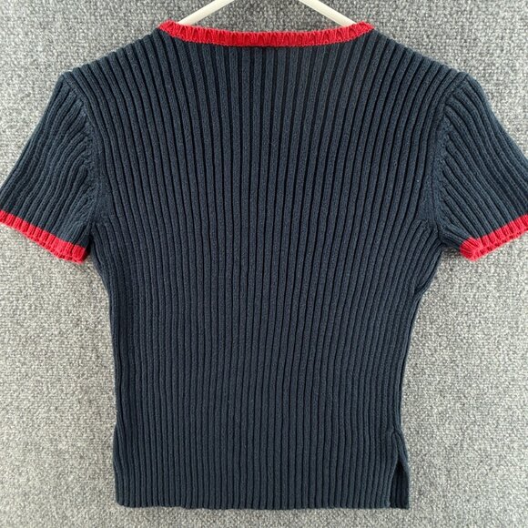Ralph Lauren Polo Jeans Women Flag Sweater Large Short Sleeve Ribbed Red Blue - Picture 14 of 14